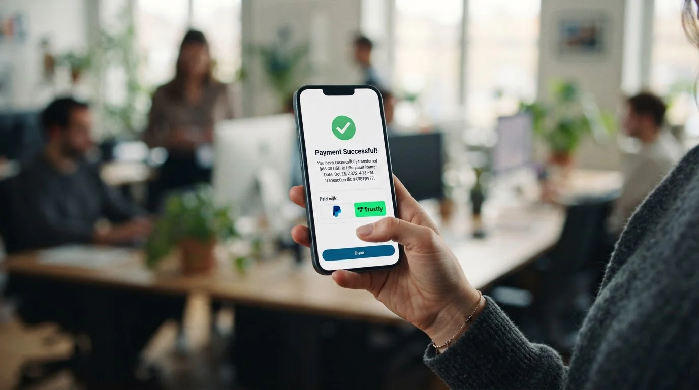 E-wallet payment interface showing PayPal and Trustly options with instant transfer confirmation