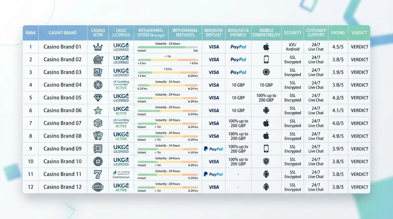 Comparison table showing twelve UK casino brands with withdrawal speed data