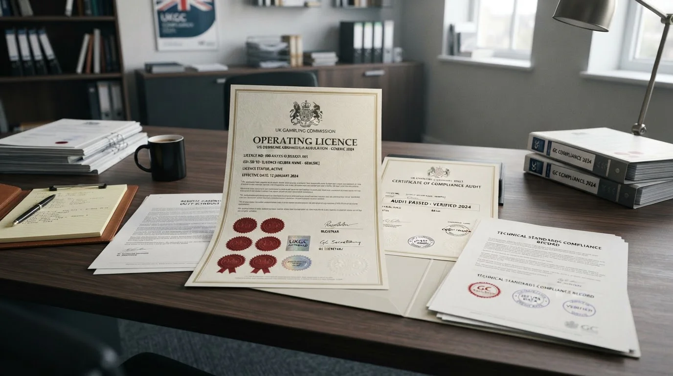 Comparison chart showing UK casino licence documents with verification stamps on a professional desk