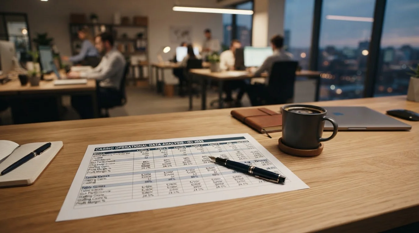 Printed comparison spreadsheet with casino withdrawal data on a desk with coffee cup