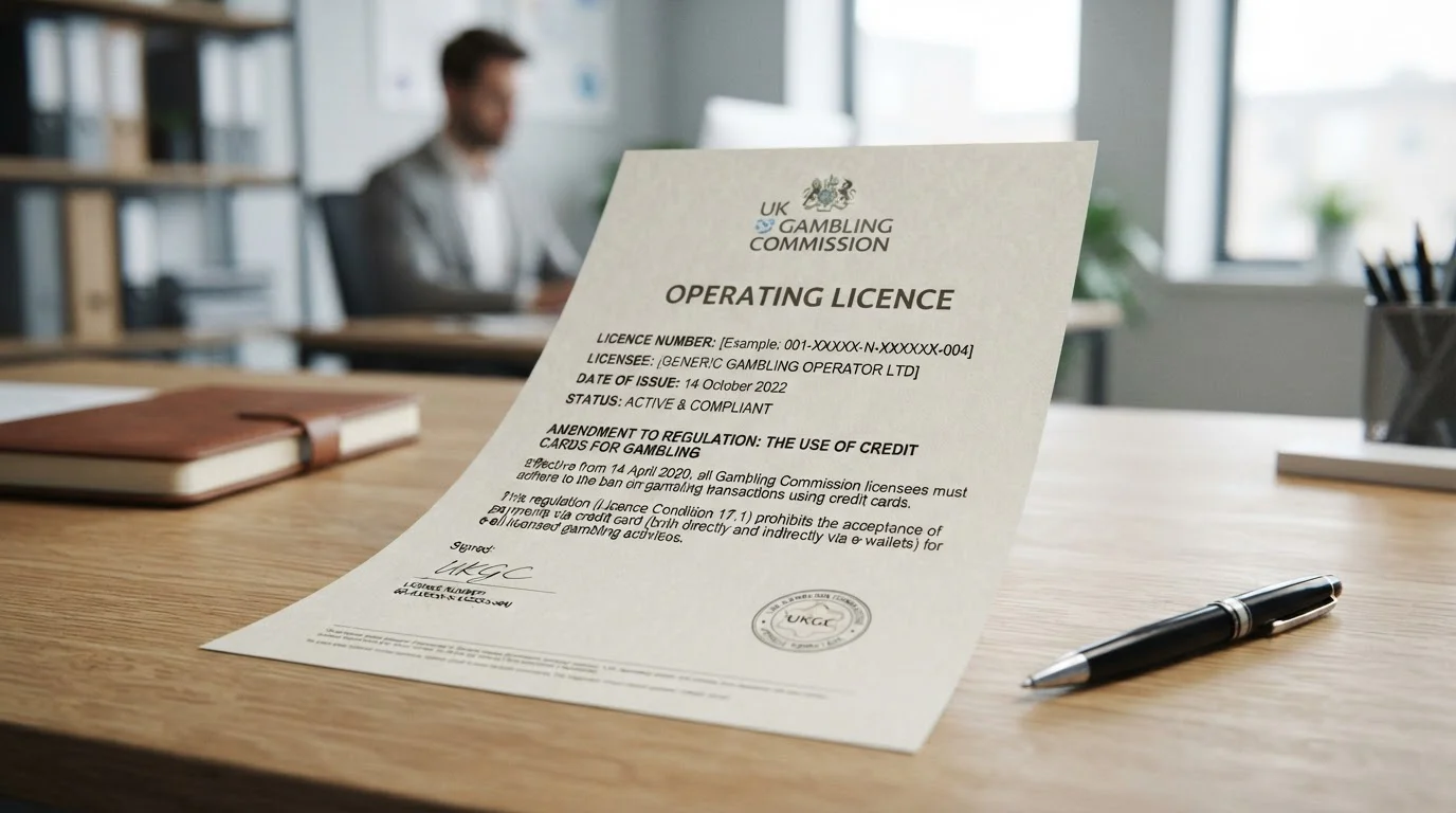 UK Gambling Commission license document with credit card ban text highlighted