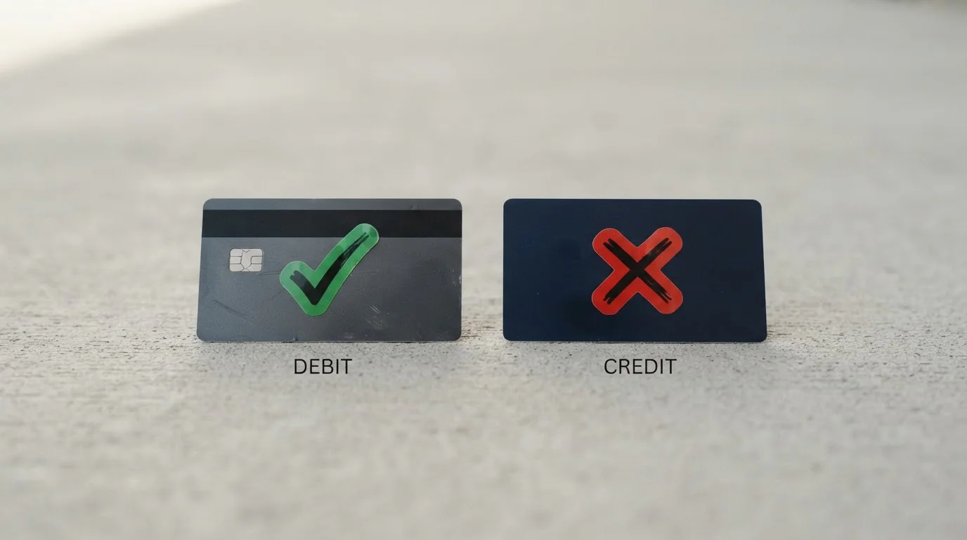 Debit card with approved checkmark next to credit card with red X symbol representing UK gambling ban