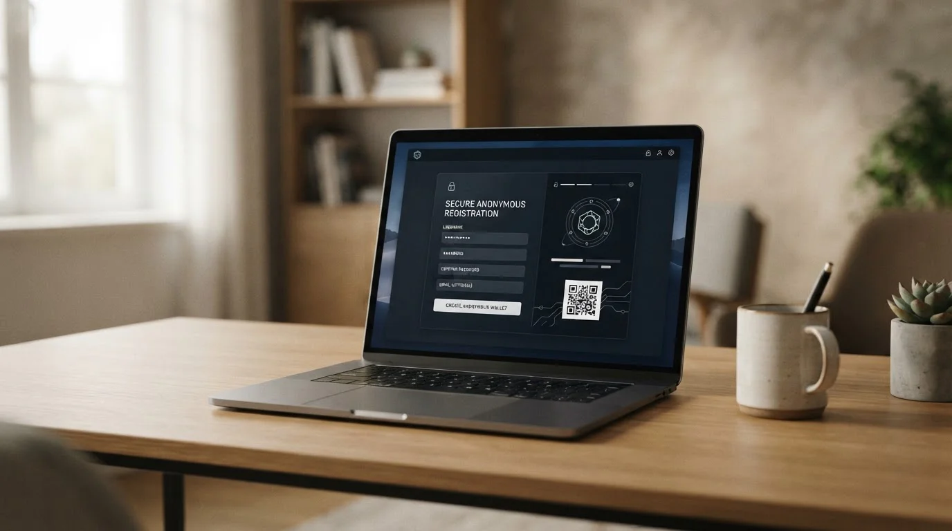 Crypto casino wallet connection on laptop showing anonymous registration interface