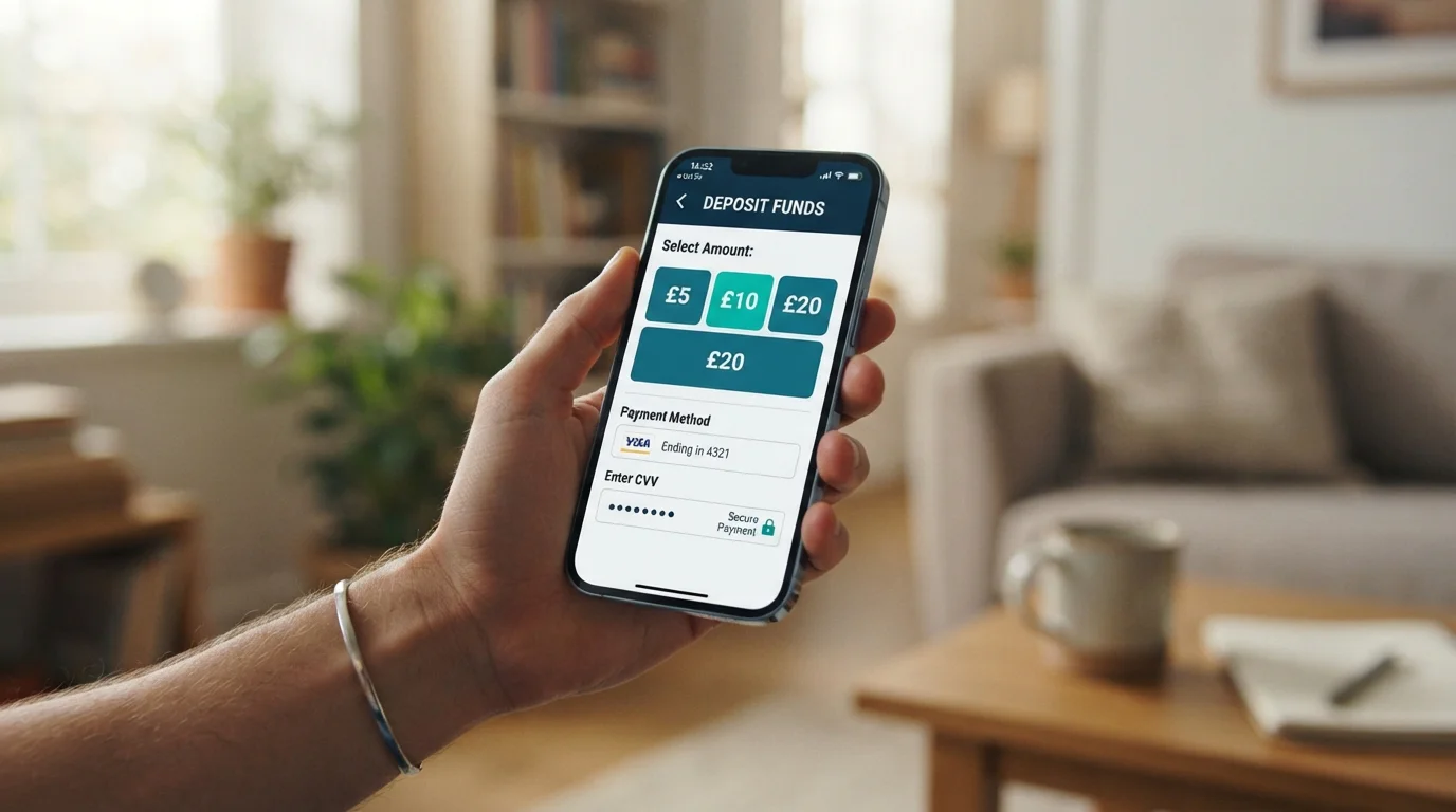 Smartphone displaying casino deposit interface with £5, £10, £20 tier buttons visible