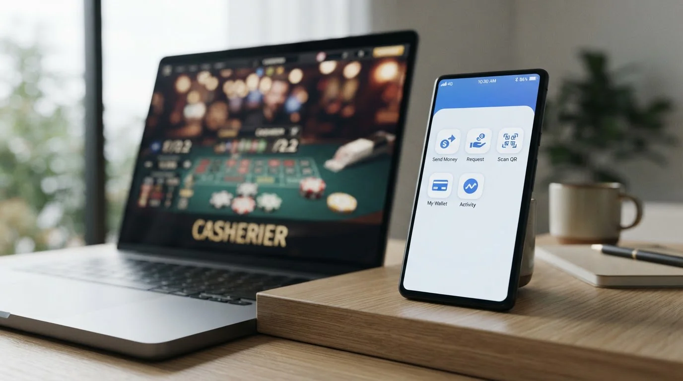 Smartphone displaying multiple e-wallet payment apps with UK casino cashier interface on laptop screen