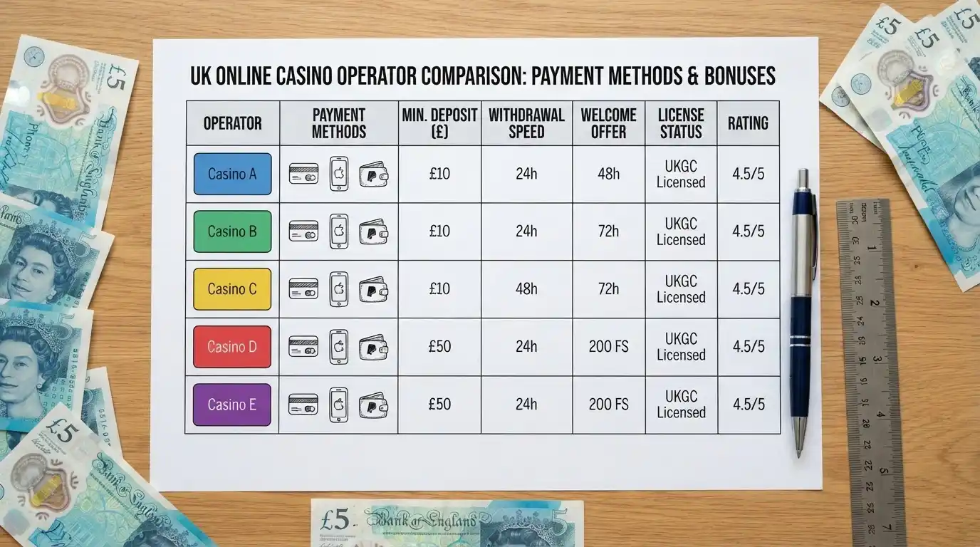 Comparison table showing five UK casino logos with deposit amounts and payment method icons