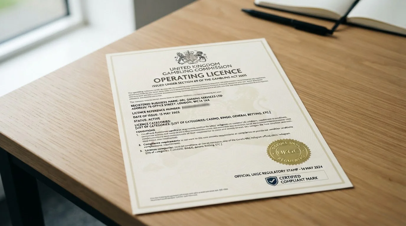 UKGC licence document with regulatory stamp