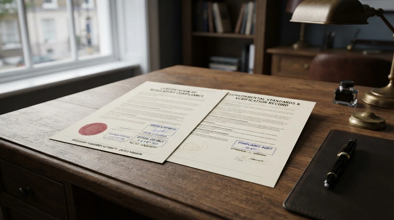 Official UK gambling regulation documents with verification stamps and professional setting