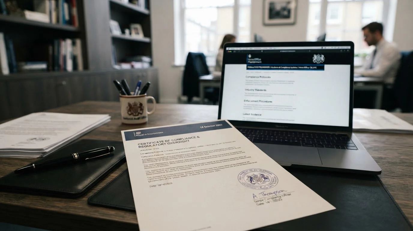 Official UK regulatory document with stamp and laptop showing government website interface