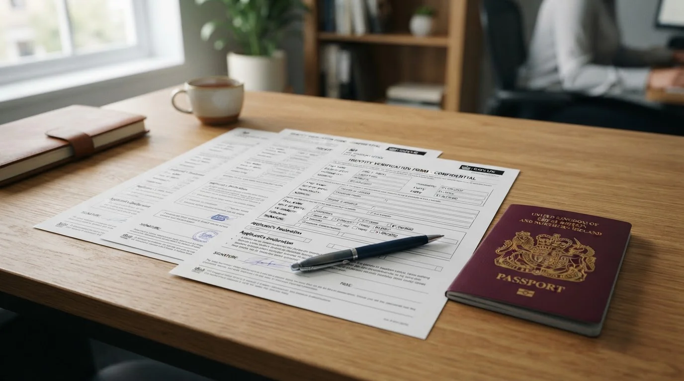 Official documents and British passport on desk showing identity verification setup