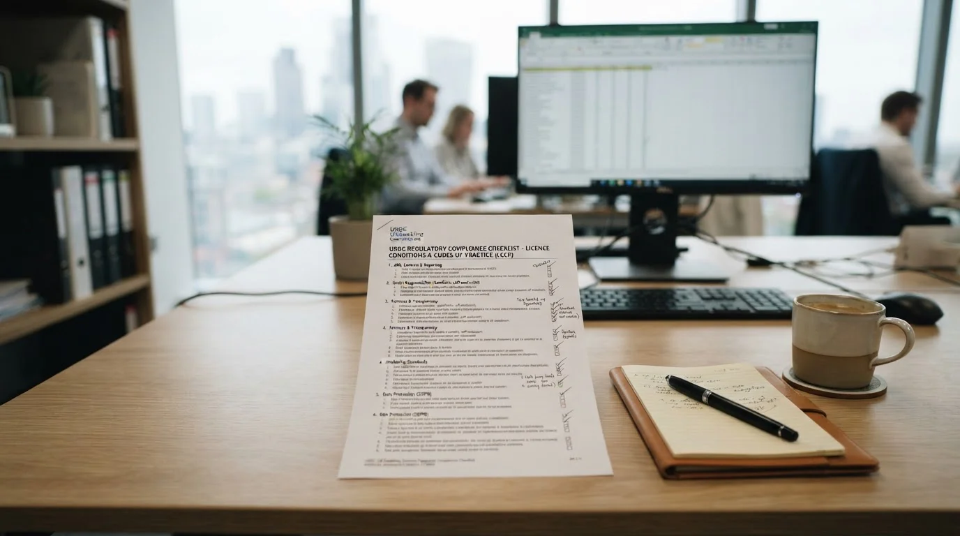 UK Gambling Commission regulatory checklist document on desk
