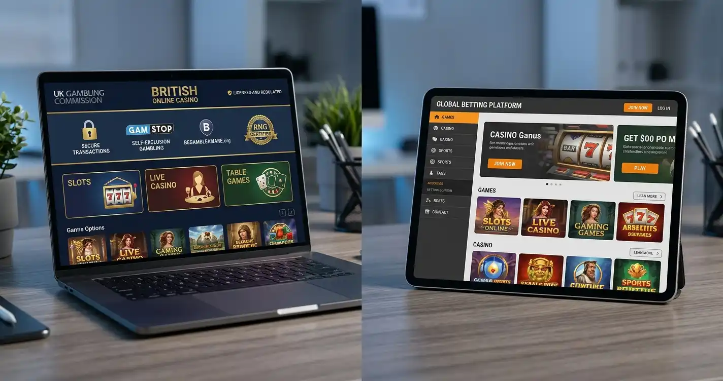 Split-screen showing UKGC-licensed casino interface with protections versus offshore site without regulatory safeguards