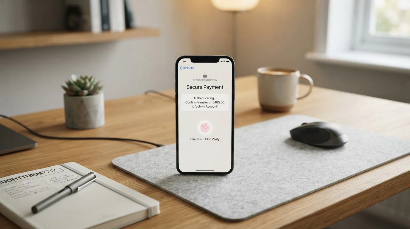 Clean desk setup with UK banking app on smartphone displaying secure payment authentication screen