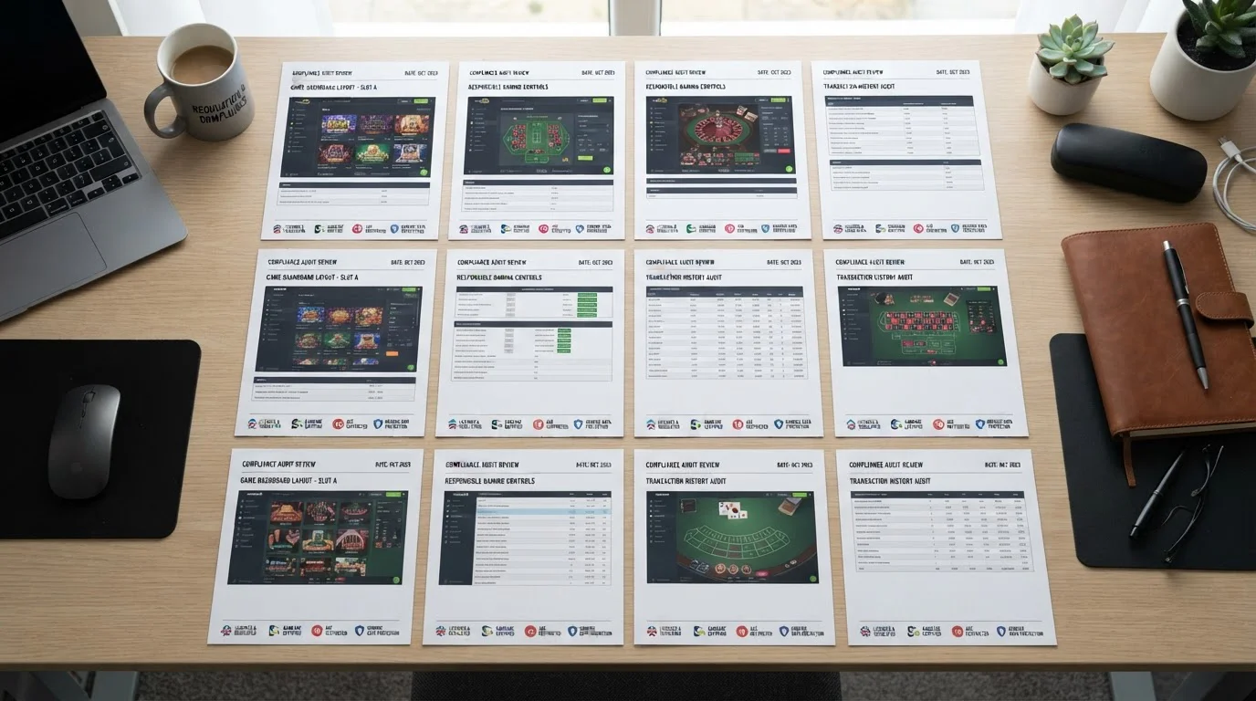 Organized workspace with multiple casino operator documents laid out in grid formation