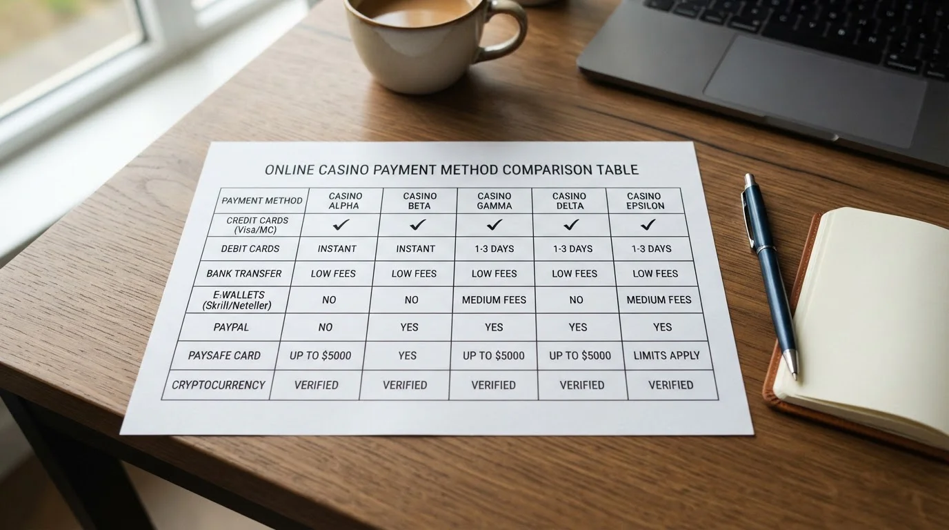 Comparison table showing casino payment methods and withdrawal speeds