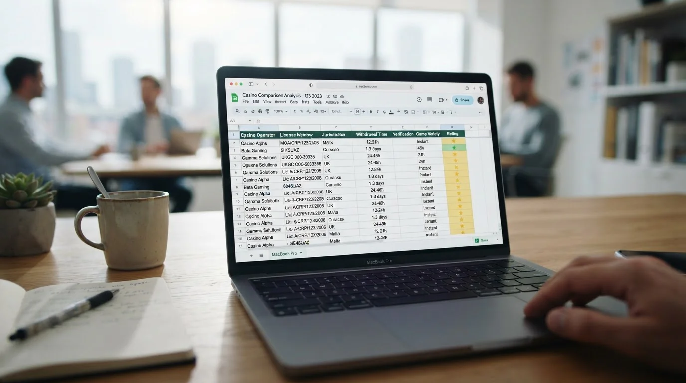 UKGC licensed casino operators comparison table on laptop screen