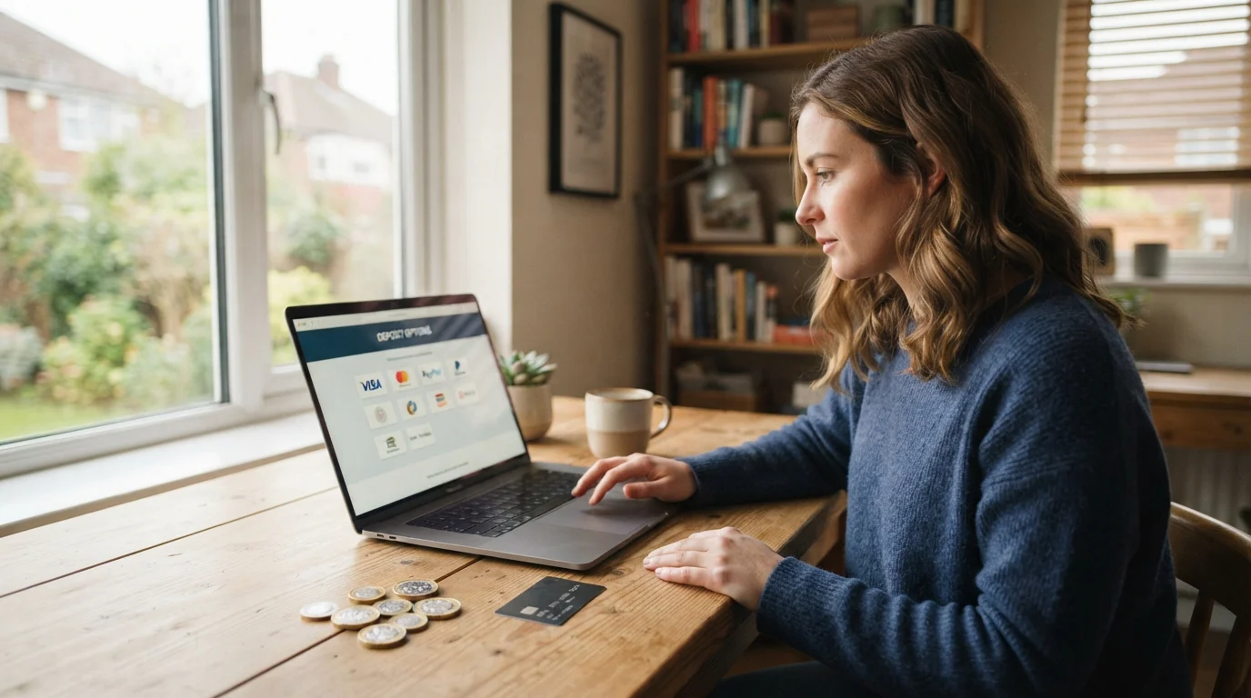 Person reviewing UK casino deposit options on laptop with coins and payment cards on desk