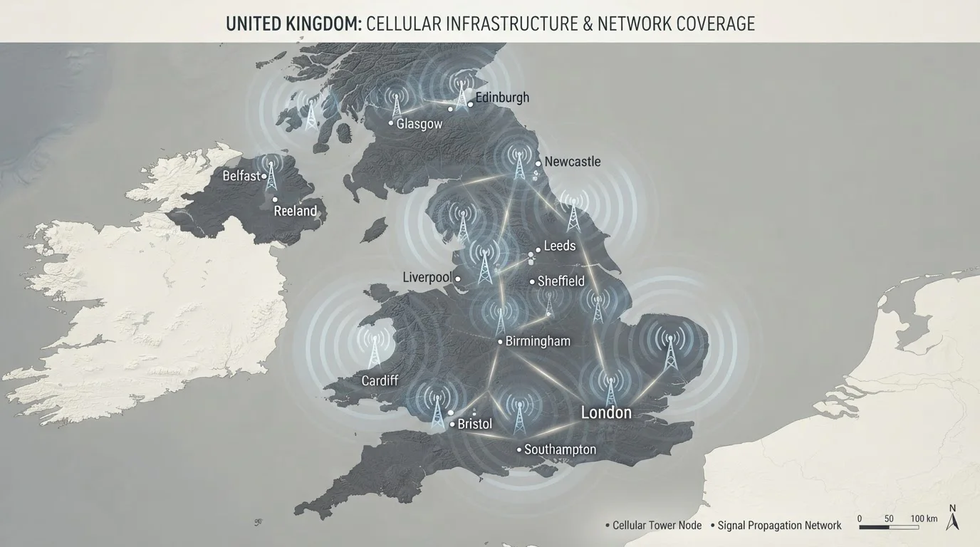UK map outline with cellular tower icons distributed across major cities showing signal coverage