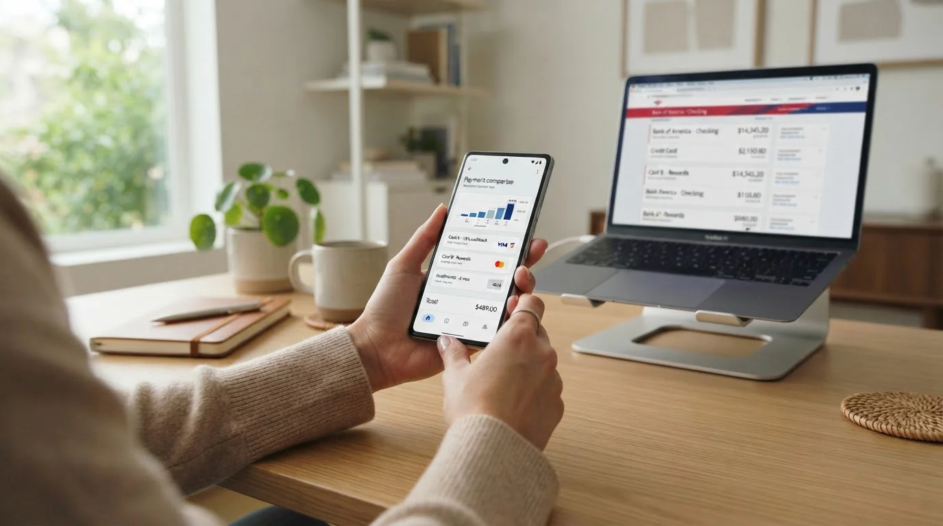 Person comparing payment options on smartphone and laptop