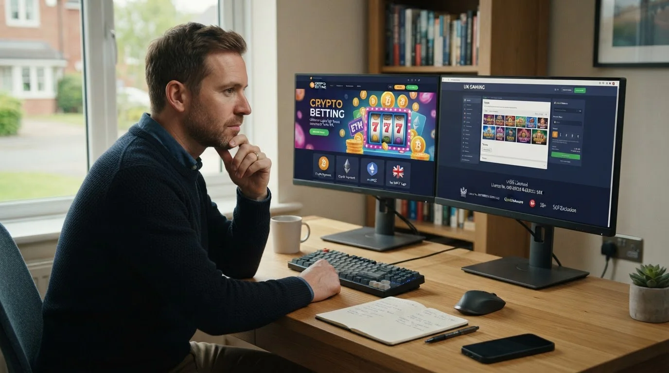 UK player comparing offshore crypto casino with UKGC-licensed platform on dual screens
