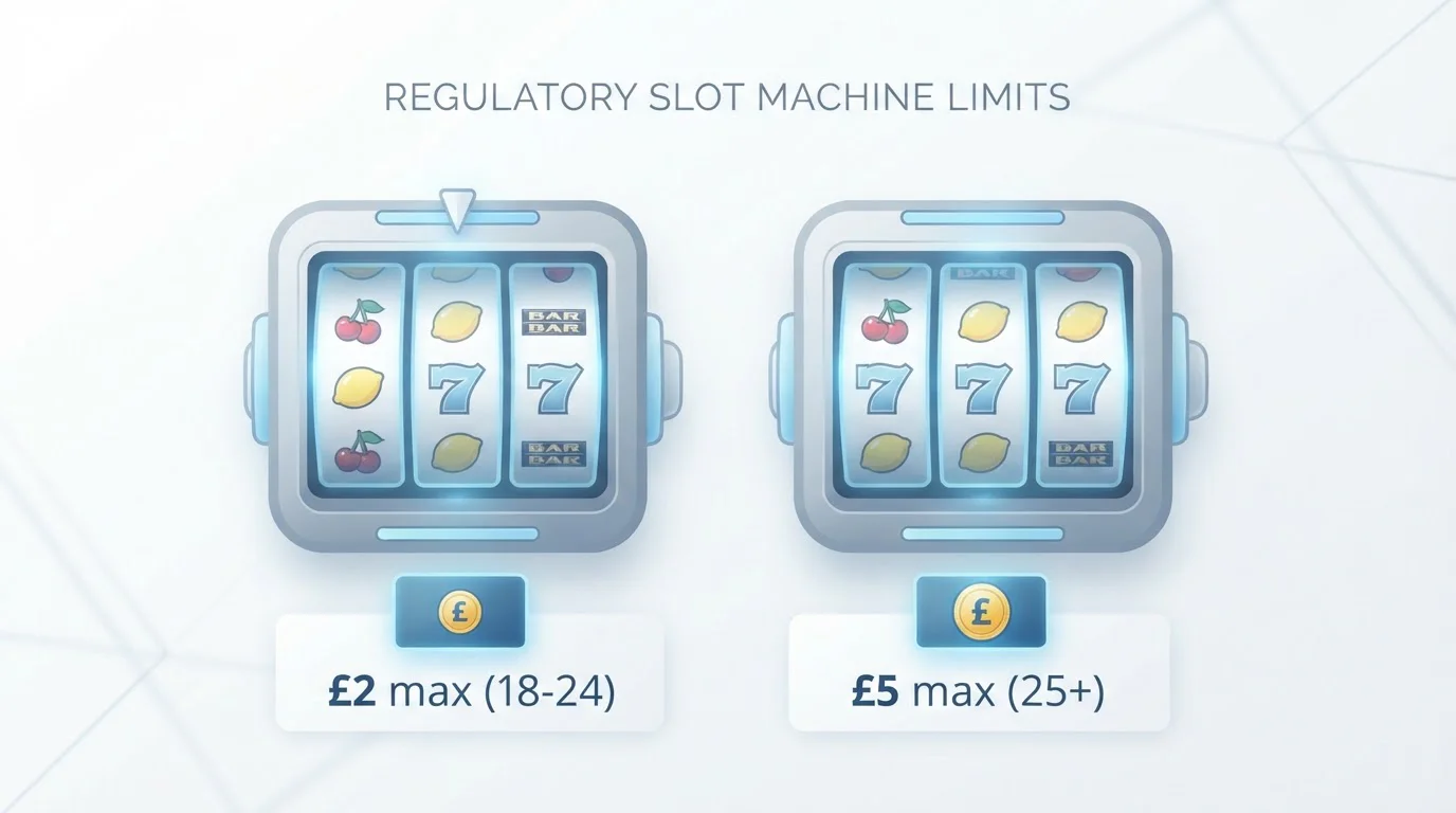 Diagram comparing UK age-banded slot stake caps: £2 maximum for ages 18-24 vs £5 for ages 25+