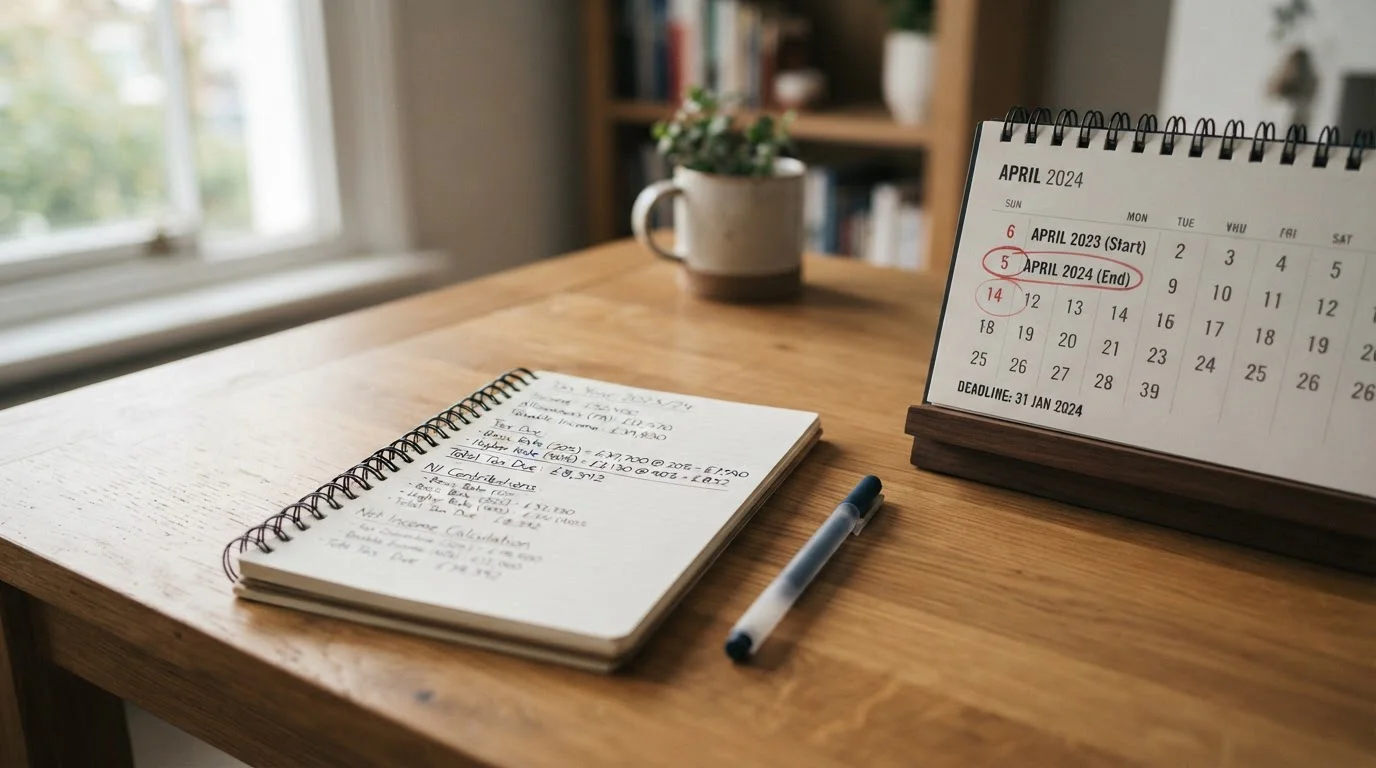 Notepad with tax calculation notes and pen beside calendar showing tax year dates