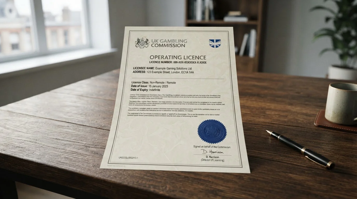 UKGC license certificate document with verification stamp