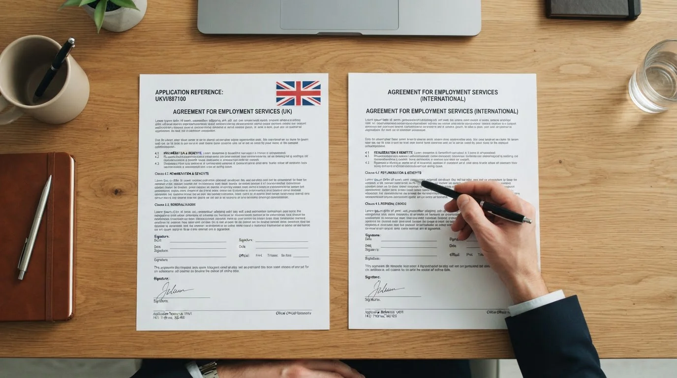 Two documents side by side on desk with UK flag sticker and hand comparing sections