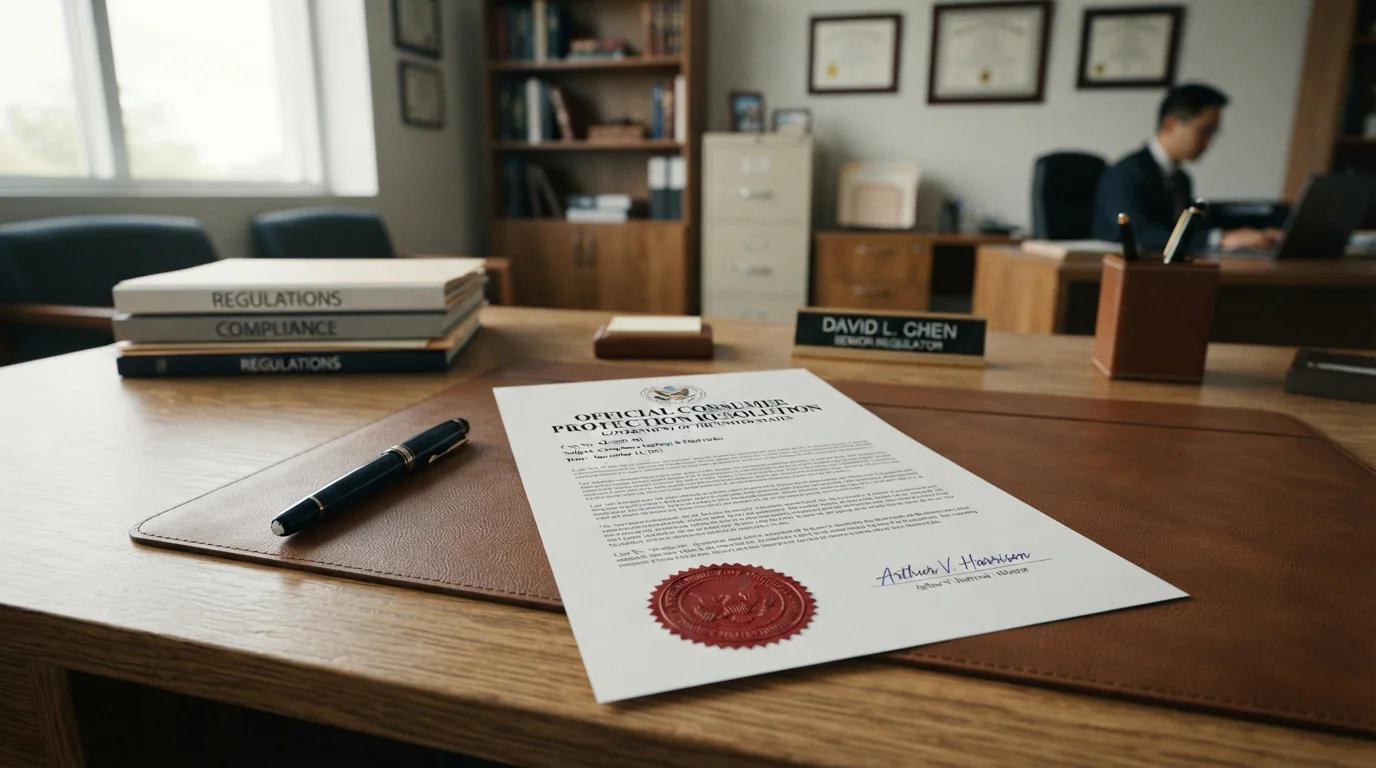Official consumer protection document with regulatory stamp on organized desk