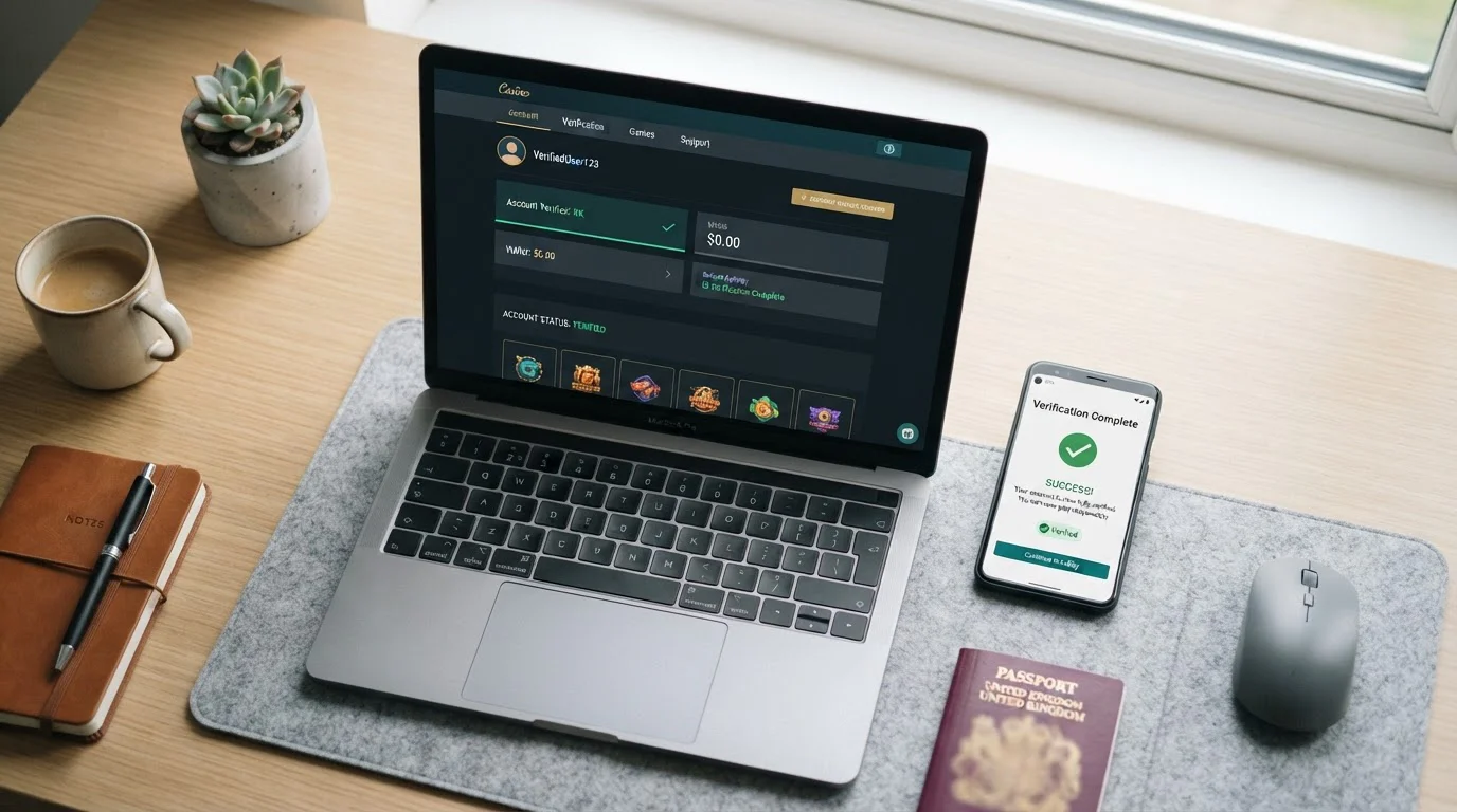 Clean desk setup with laptop showing casino verification dashboard