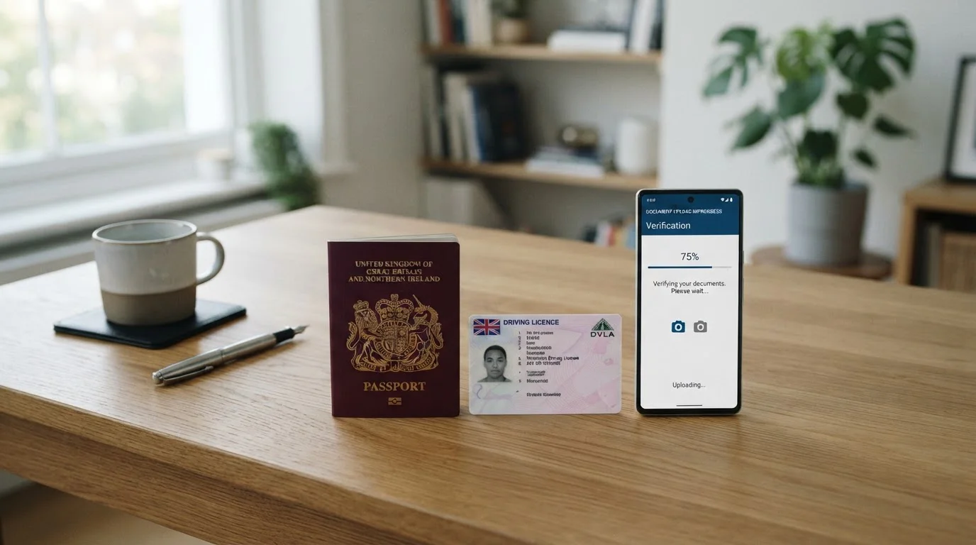 Passport and UK driving licence on desk beside smartphone displaying verification upload screen