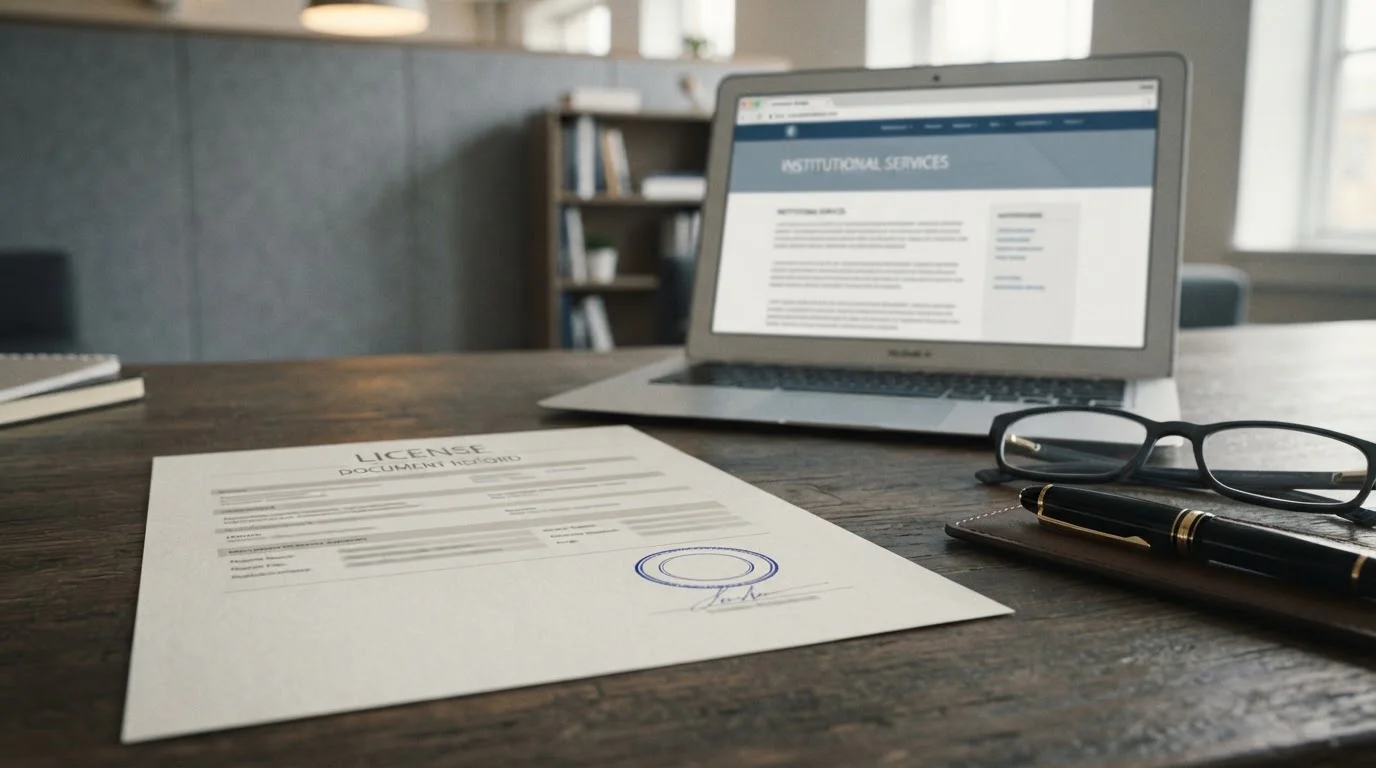 Stamped licence document on a desk with reading glasses and a laptop showing an institutional page