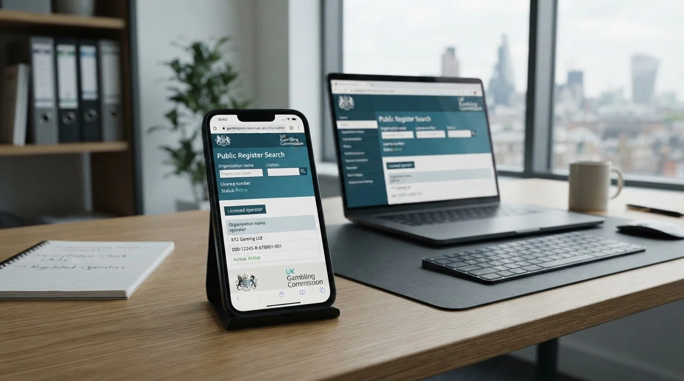 UKGC licence verification process on smartphone showing gambling commission public register