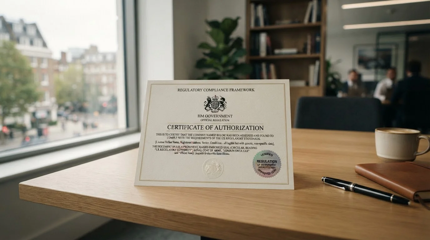 UKGC license document with official stamp and verification badge on clean desk