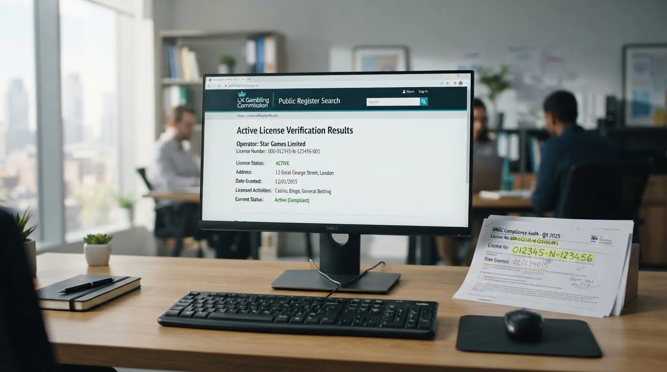UKGC license verification screen showing active casino operator listings