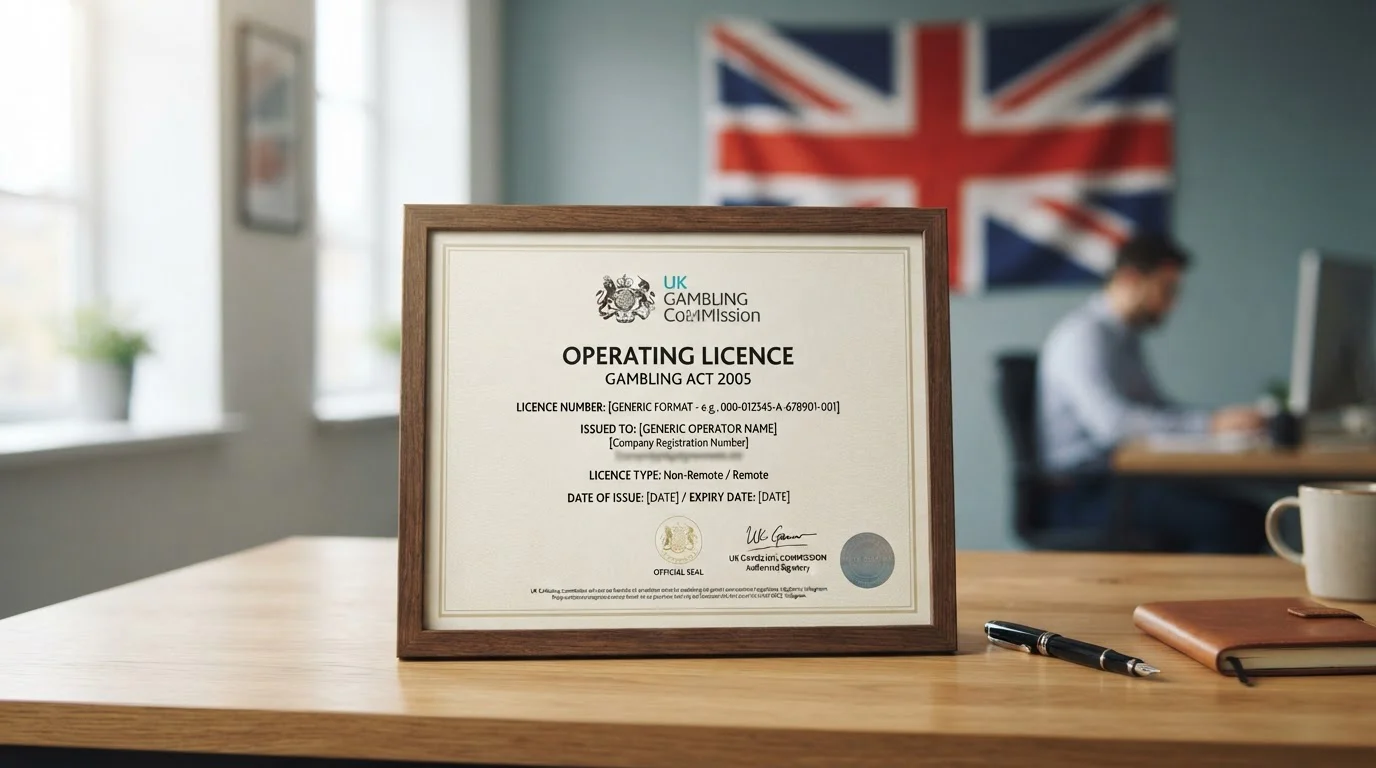 UKGC license certificate document on desk with UK flag in soft background
