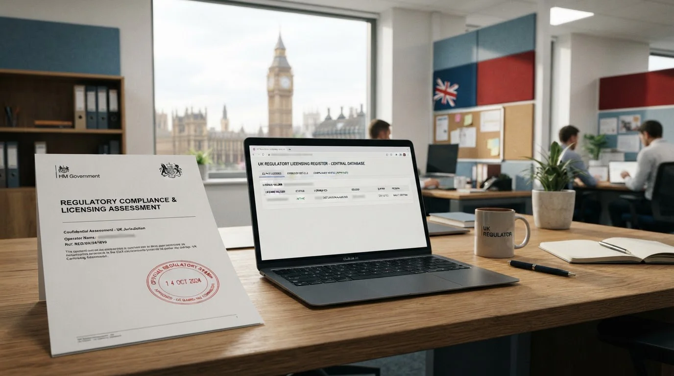 UK regulatory document with official stamp on modern office desk
