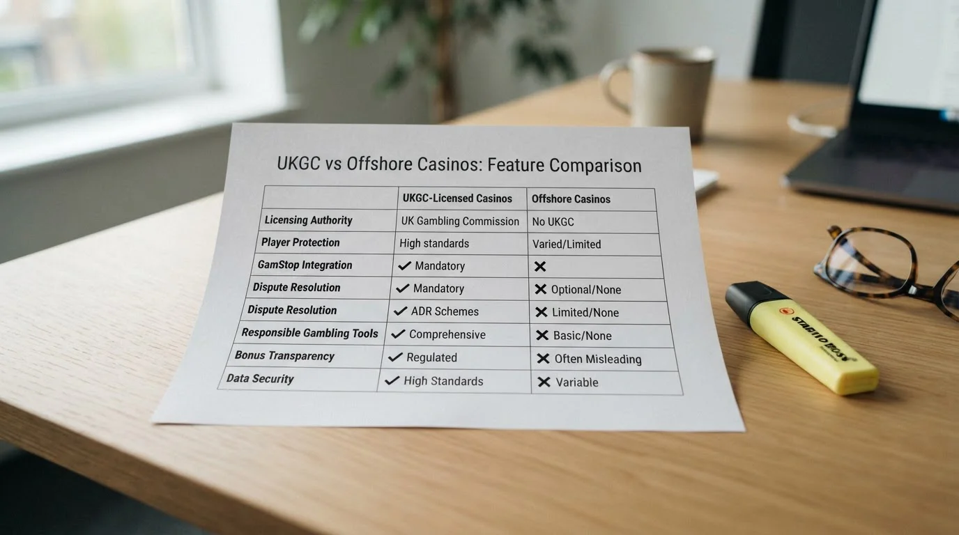 Comparison chart showing UKGC-licensed versus offshore casino features