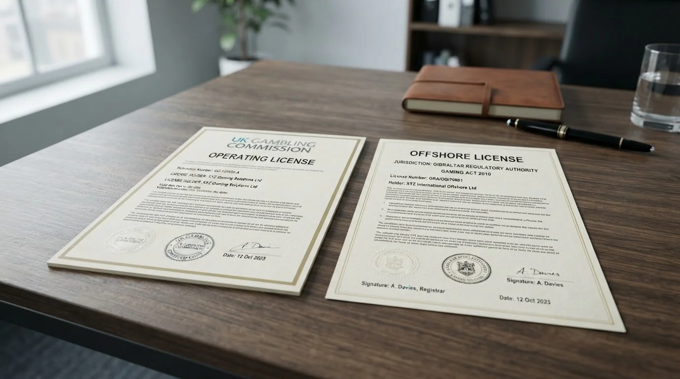 Two official licensing documents side by side on desk comparing UK and offshore regulation