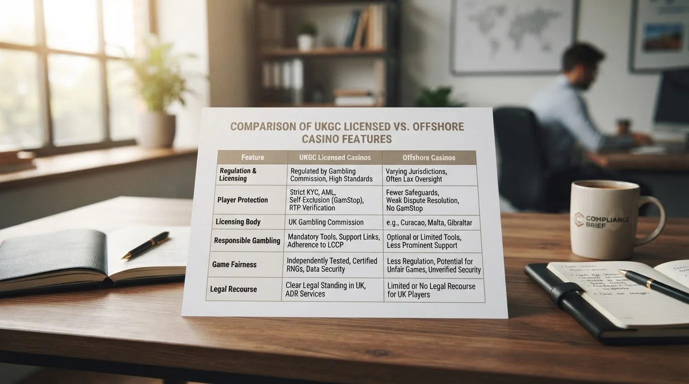 Side-by-side comparison document showing UKGC licensed versus offshore casino protections