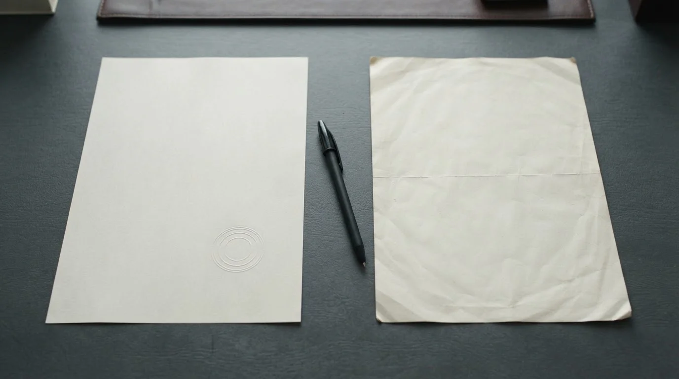 Two neutral licence documents side by side on a desk, one stamped and one unstamped