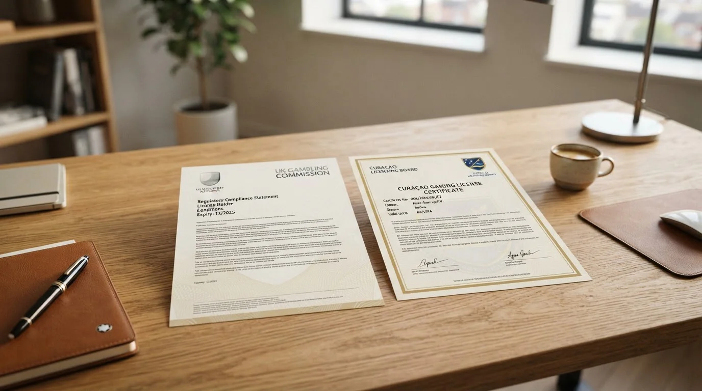 UK Gambling Commission official document alongside Curaçao gaming license certificate on desk, natural office lighting, no logos visible