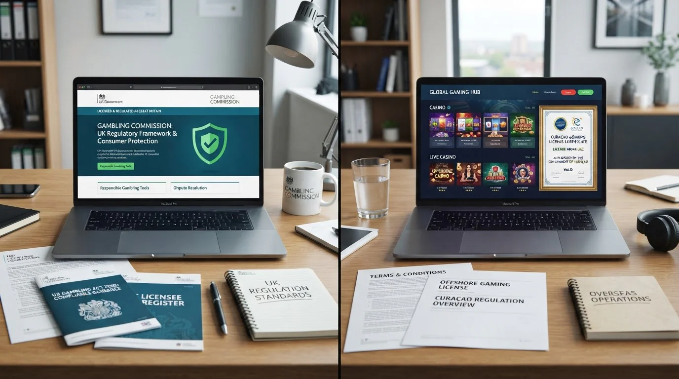 Split-screen comparison of UKGC protected funds versus offshore risk