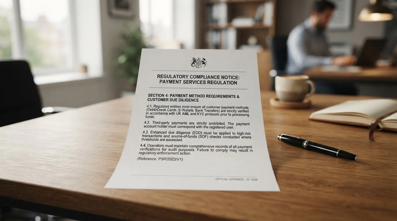 UKGC regulatory document showing payment method requirements for licensed operators