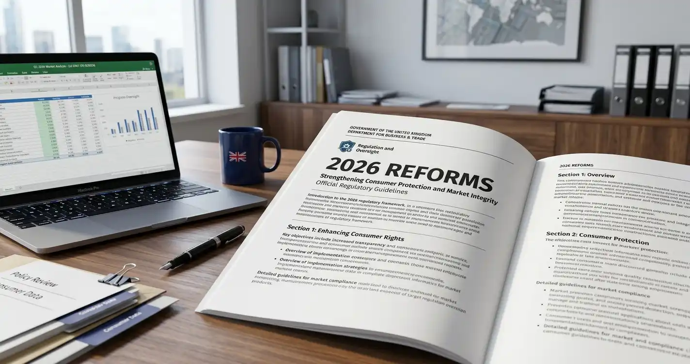 Official regulatory document showing 2026 reforms on modern desk with laptop