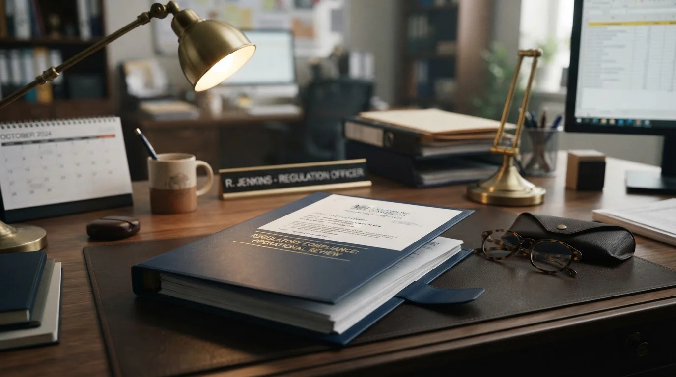 Official UK Gambling Commission document folder on desk with reading glasses