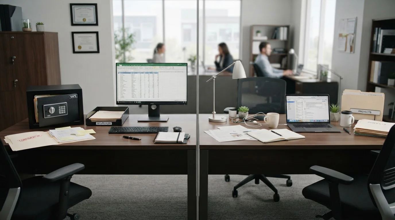 Split-screen showing two desks with contrasting security features and protective elements