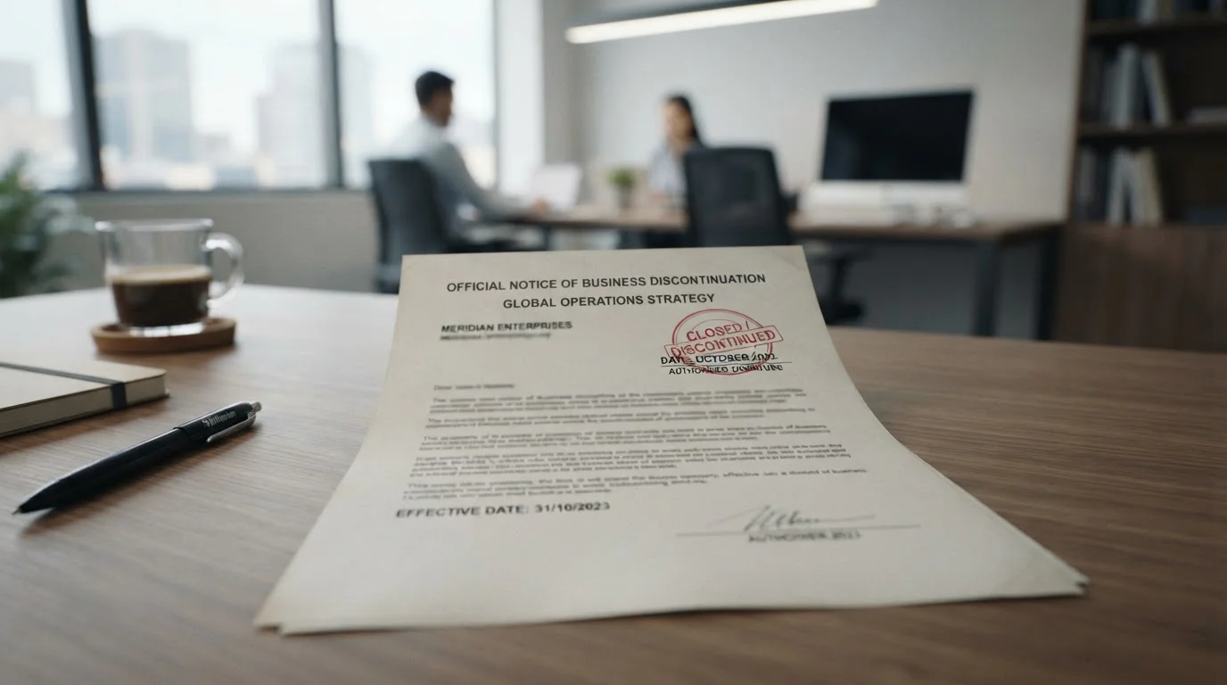 Closed business document with UPC Consulting Ltd heading and official discontinuation notice