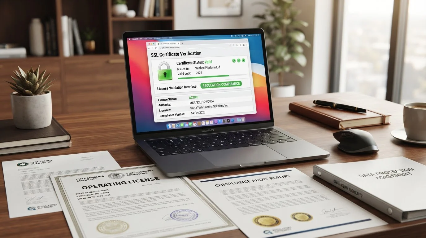 SSL security certificate display and license verification page on laptop screen, official regulatory documents on desk, professional lighting