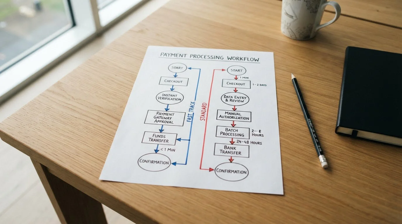 Diagram showing Visa Fast Funds real-time settlement vs standard card batch processing